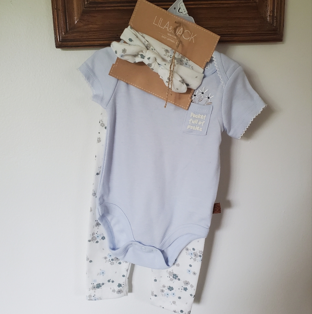 Floral Periwinkle Light Blue Baby Girl Outfit Set 3 Pieces 6-9 Mon